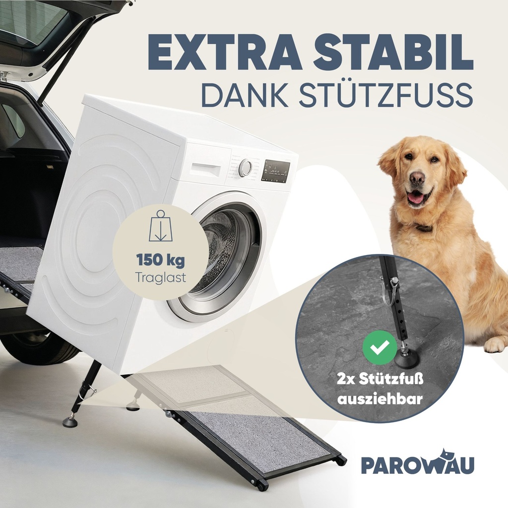PAROWAU Hunderampe Auto klappbar 120kg extra stabil mit Zusatzfuß 170x44cm