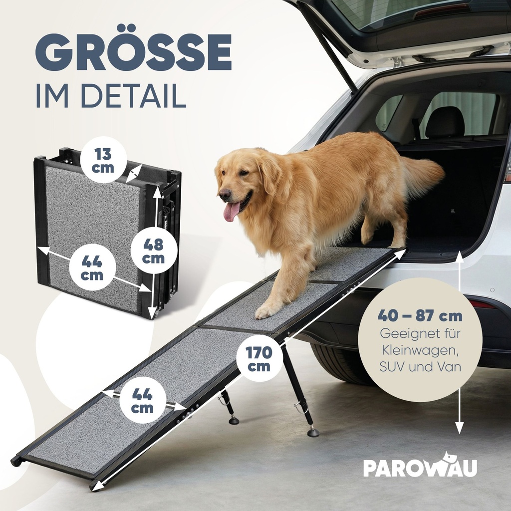PAROWAU Hunderampe Auto klappbar 120kg extra stabil mit Zusatzfuß 170x44cm