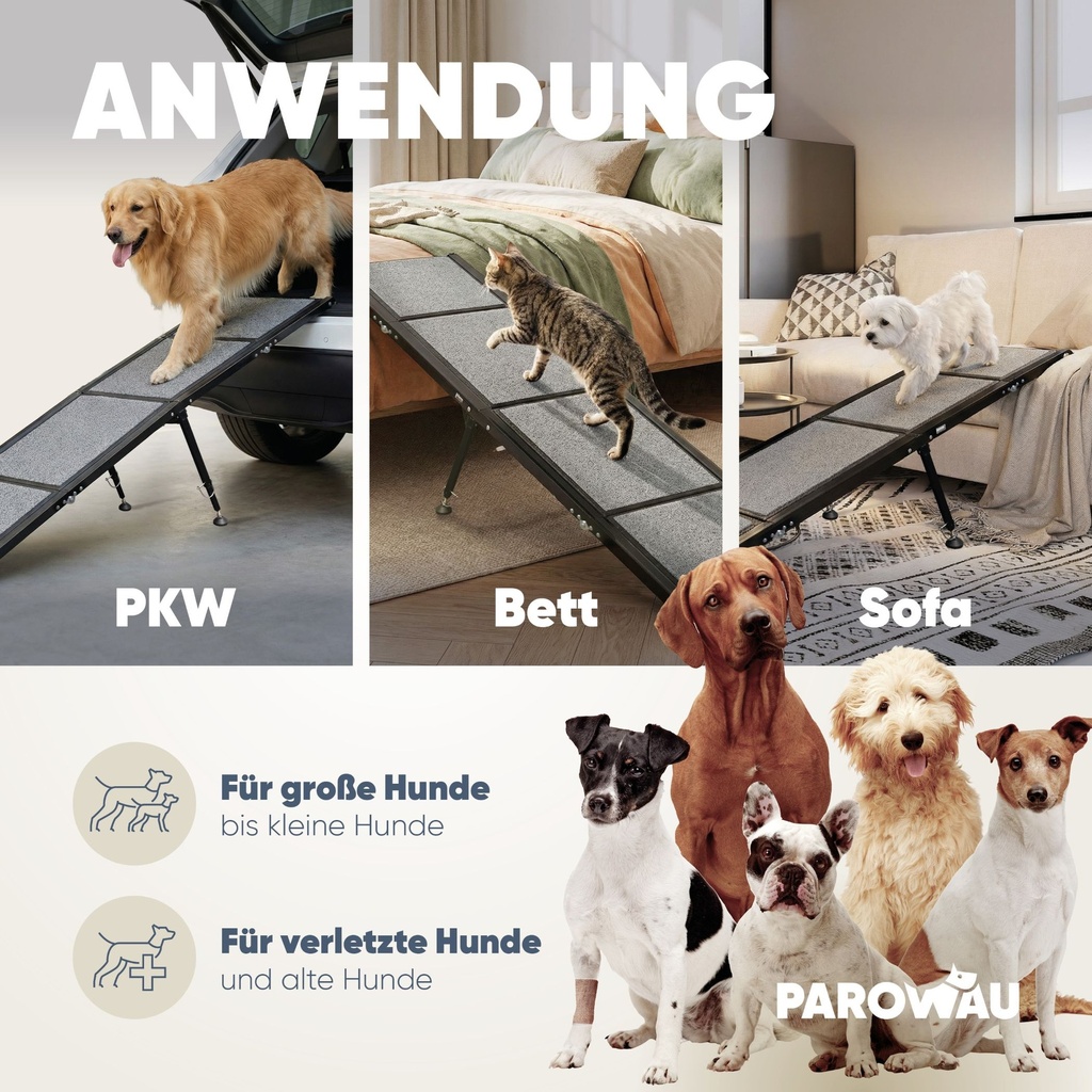 PAROWAU Hunderampe Auto klappbar 120kg extra stabil mit Zusatzfuß 170x44cm