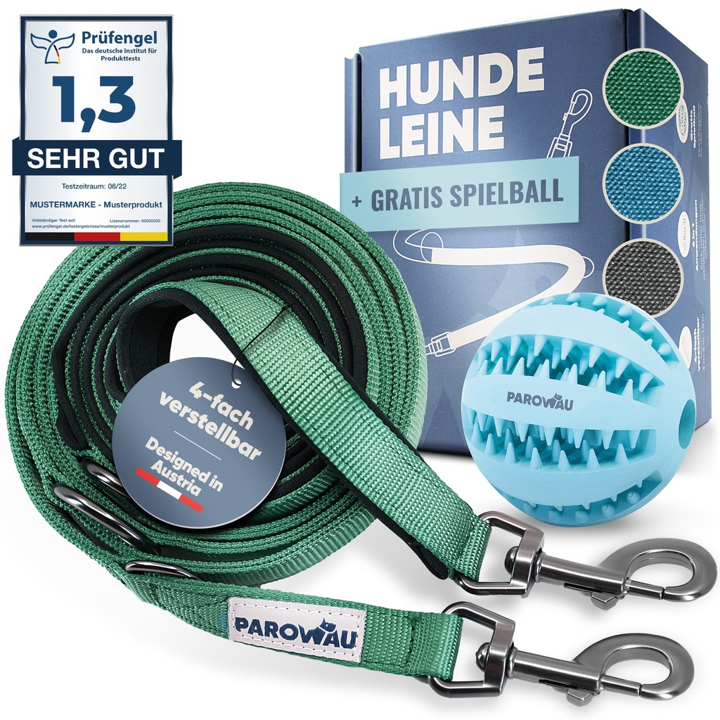 PAROWAU Hundeleine 3m + Hundespielzeug Ball (Türkis)