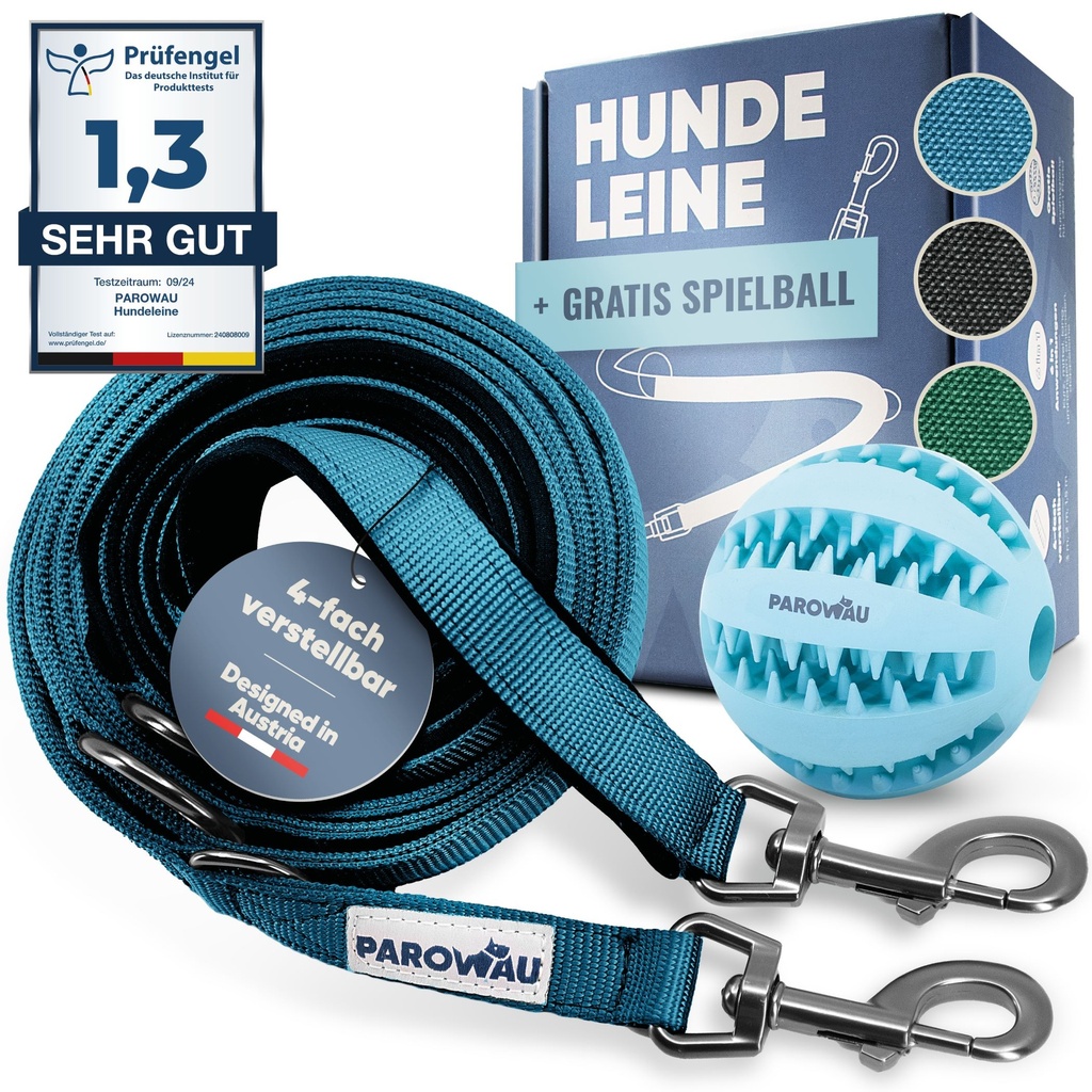 PAROWAU Hundeleine 3m + Hundespielzeug Ball (Blau)