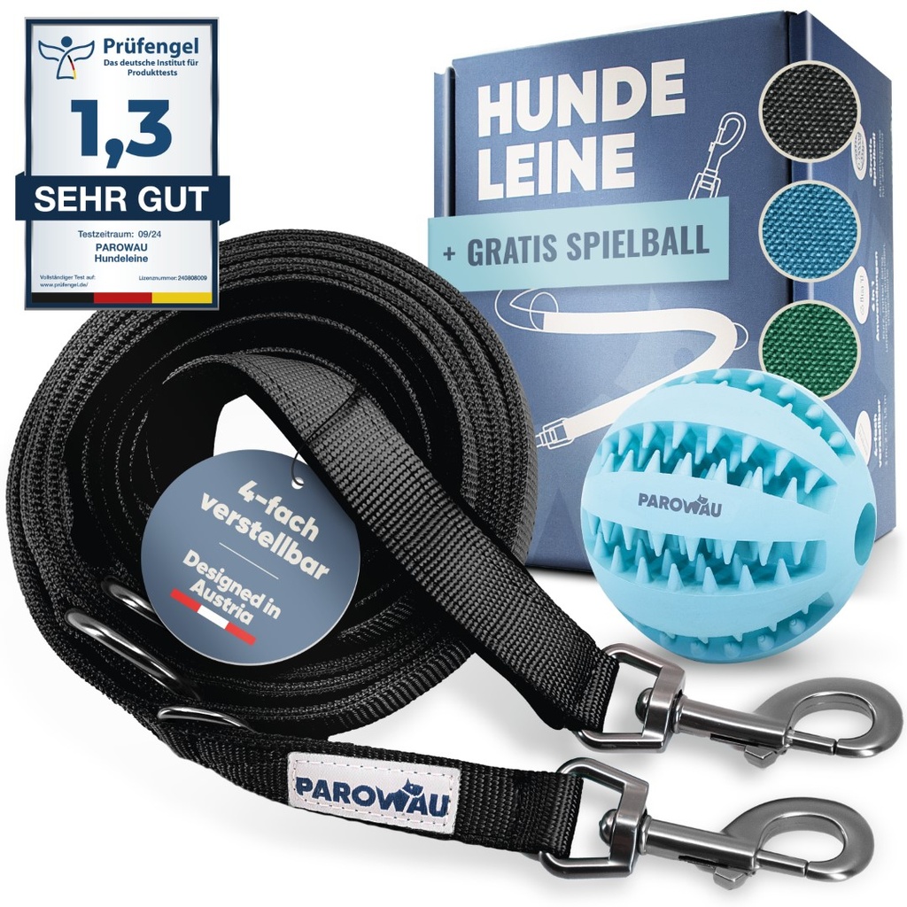 PAROWAU Hundeleine 3m + Hundespielzeug Ball (Schwarz) 