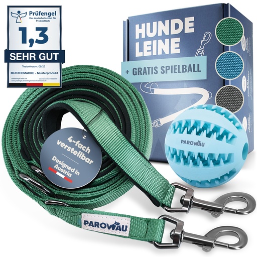 [PW0001G] PAROWAU Hundeleine 3m + Hundespielzeug Ball (Grün)